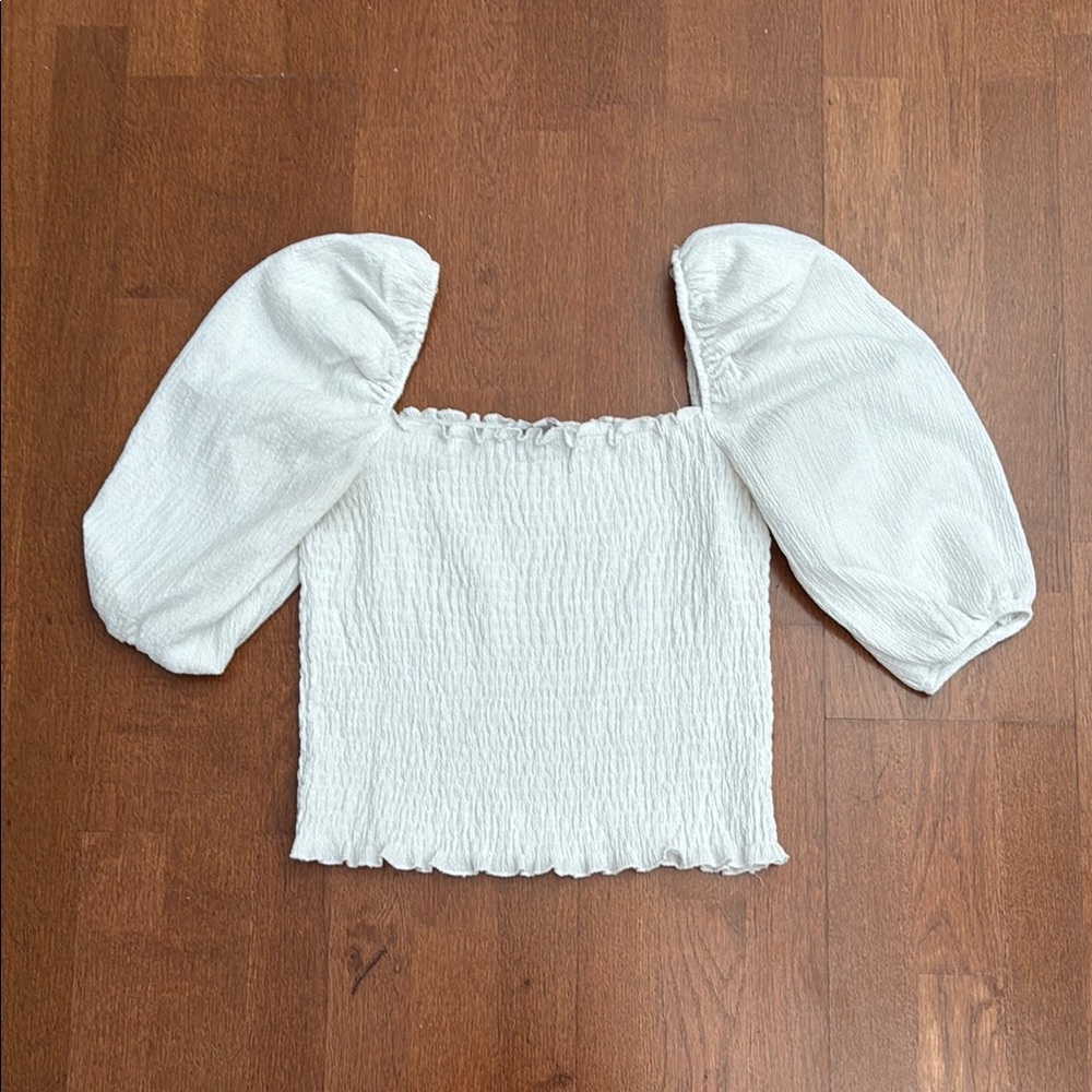 Smocked white puff sleeve blouse